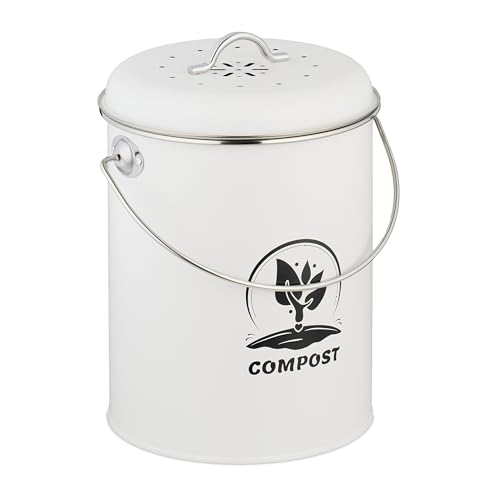 Seau à compost pour cuisine sans odeurs Relaxdays, bac blanc 5,5L avec 2 filtres actifs