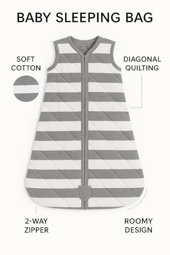 Image of TuddyBuddy Baby Cotton Wearable Quilted Sleeping Bag Blanket 1.5 Tog with 1 Way Zipper Closure | Ideal for Babies & Kids Hypoallergenic Fabrics | (Grey Stripes, 0-6 Months)