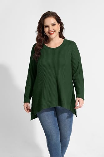 Image of RITERA Plus Size Women Sweaters Waffle Knit Pullover Top Long Sleeve Casual Crewneck Shirt Loose Split Hem Fall Winter Blouse