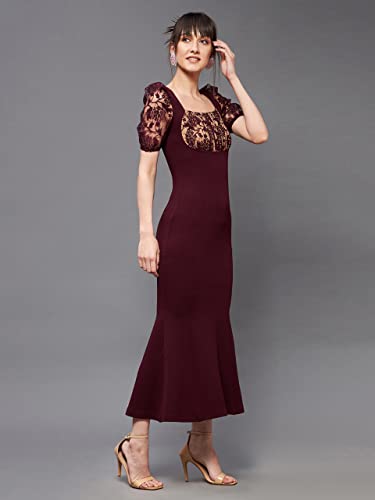Image of Miss Chase Womens Bodycon Square Puff Sleeve Solid Lace Overlaid Ankle Length Dress