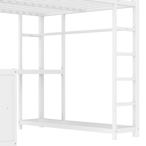 Image of Bellemave Full Size loft Bed with L Desk, Wardrobe, Metal Full Loft Bed Frame for Adults, Kids, Teens, White