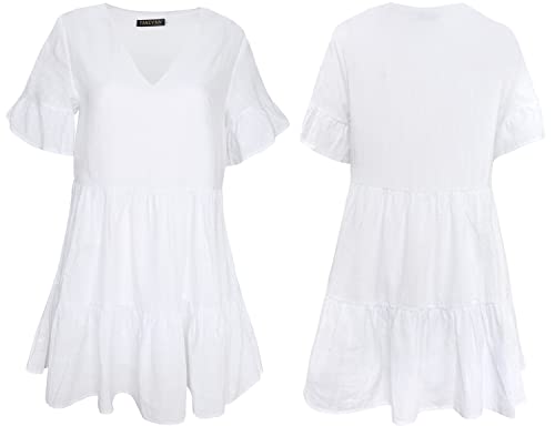 FANCYINN Women’s V Neck Cute Shift Dress with Pockets Bell Sleeve Ruffle Hem Loose Swing Summer Tunic Mini Dress4