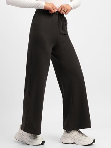 Image of JUNEBERRY Wide Leg Track Pants for Women & Girls (Pure Cotton, Bootcut, Regular Fit, High Rise Trouser, Drawstring, Available in Black, Brown, Navy, Olive Green, Lilac, Beige)