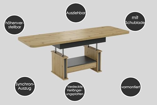 DA-555 Couchtisch Weiß Hochglanz / Eiche Gold ausziehbar höhenverstellbar mit Schublade 120/200 cm modern Wohnzimmertisch Esstisch abgerundete Ecken Sofatisch platzsparend hochwertig Wohnzimmer – Bild 5