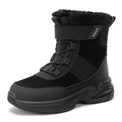 koppu Kids Snow Boots Winter Hook and Loop Waterproof Slip Resistant Fur Lined Insulated Mid Calf boys and girls Fashion Color Block shoes Toddler/Little Kid/Big Kid Little13 black