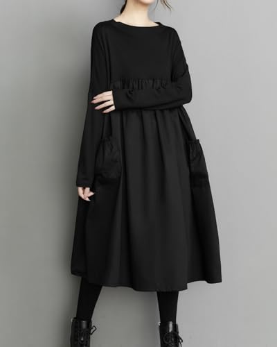 ellazhu Women's Casual Patchwork Solid Crew Neck Pullover Dress with Pockets GZ26 A2