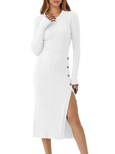 ANRABESS Womens 2025 Fall Long Sleeve Midi Dress Ribbed Knit Bodycon Fitted Button Down Wedding Guest Slit Sweater Dresses