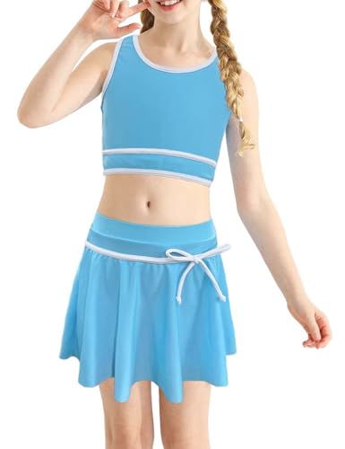 Image of Girl Swimsuit 2 Piece Bathing Suit High Waist Color Block Bikini Skirt Set Sporty Summer Swimwear 4-13Y