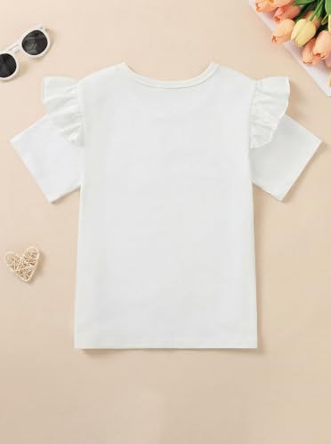 Image of Girls Flutter Sleeve Tops Short Sleeve Summer T Shirts with Ruffle Trim Pocket White Blouse White 13-14 Years