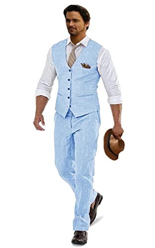 Furuyal Leinenanzüge für Herren, lässig, Hochzeit, 2-teilig, Anzüge für Trauzeugen, Smoking, Sommer, Strand, Abschlussball, Weste und Hose, Blau, XL