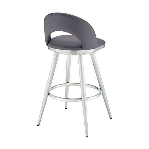 Armen Living Charlotte Swivel Counter Stool in Brushed Stainless Steel and Grey Faux Leather