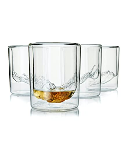 Huckberry Whiskey Peaks Iconic Mountain Bar Glasses, 11.5 oz Capacity, Lead-Free Crystal, Grand Tetons, Set of 4 Cups