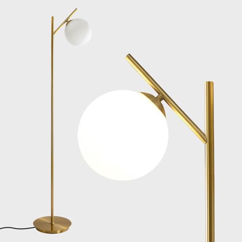 Image of Mid Century Floor Lamp for Living Room Modern Tall Standing Lamp with Frosted Glass Globe Shades Contemporary Brass Freestanding Lamp for Office Bedroom (Gold)