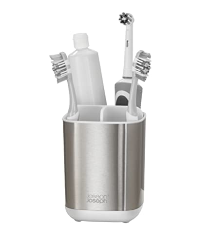 Joseph Joseph EasyStore Stainless-Steel Toothbrush Holder Bathroom Storage Countertop Organizer Caddy Small