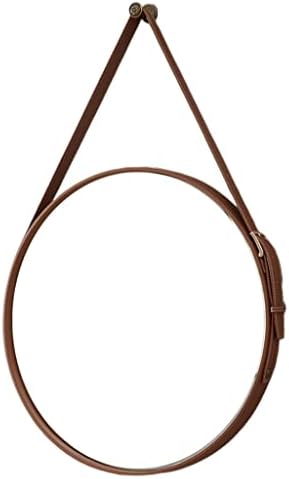 Leather Frame Round Hanging Wall Mirror with Adjustable Leather Strap, Retro Circle Wall-Mounted Decorative Shaving Mirror Farmhouse Wall Mirror, for Bathroom Bedroom Living Room Entryway (Color : br