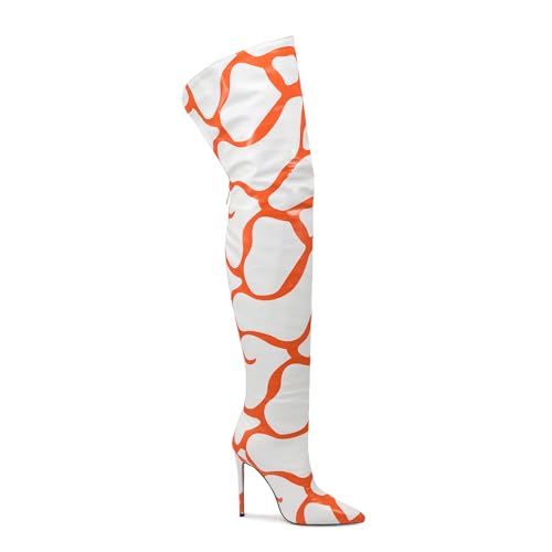 Image of Thigh high boots for women striped Back zipper Burgundy Zebra Print Over the knee Sexy gold white pointed toe Cow Print leopard Magenta stiletto heel