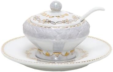 Rosh Hashanah Honey Dishes. Porcelain Honey Dish SET. White with Gold Trim and Happy New Year in Hebrew Lettering. Includes Tray and Spoon. Two Pieces per unit. Great Gift for: Yom Kippur Rosh