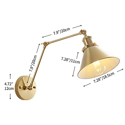 Gold Swing Arm Wall Lamp, Adjustable Hardwired Wall Sconce Set of 2 with Cone Shade Rotatable arm Sconce- OVANUS