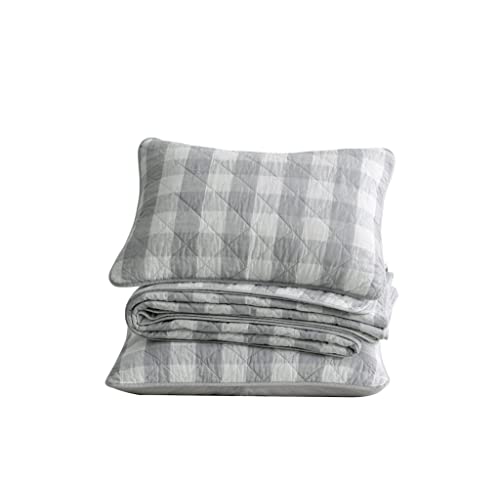 Chezmoi Collection 3-Piece Gray White Plaid Cotton Quilt Set - Buffalo Check Solid Reversible Bedspread - Pre-Washed Cotton Lightweight Coverlet, Queen Size