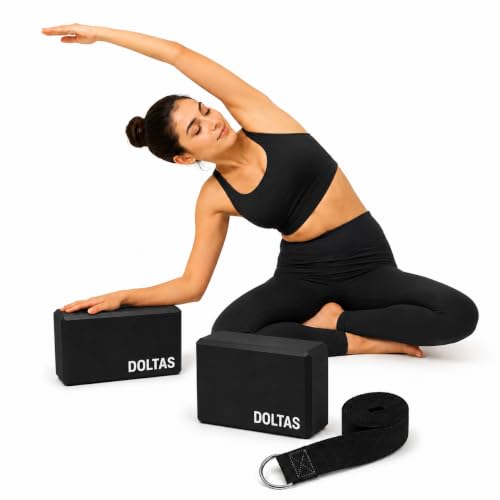 Image of DOLTAS High Density Foam Yoga Block Set of 2 with Yoga Strap - Non-Slip Lightweight Bricks for Improved Balance, Flexibility, Strength & Stability - Support for Pilates, Stretching & Meditation | Black