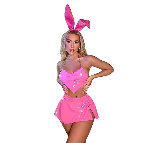 PURFUN Sexy Bunny Cosplay Lingerie Set Women 4Pcs Bunny Ear Headband Halloween Costume Babydoll Set Roleplay Rave Outfits Bralette Bra Mini Skirt with G-String Set