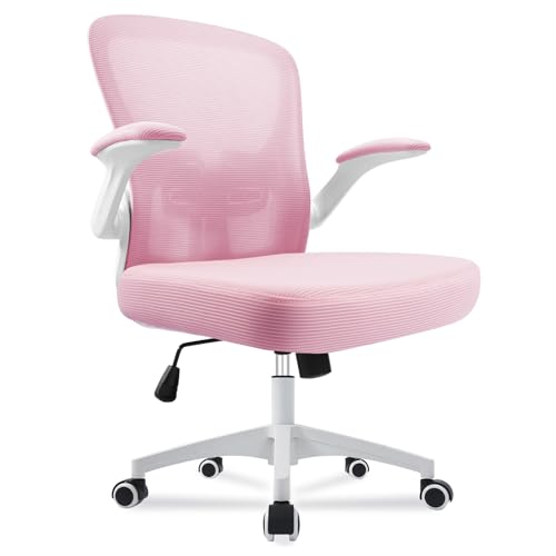 Durrafy Chaise de Bureau Pivotante avec Assise en Maille, Ergonomique, Support Lombaire Rembourré, Fonction Bascule, Pivotante à 360°, Accoudoirs Pliables, Rose