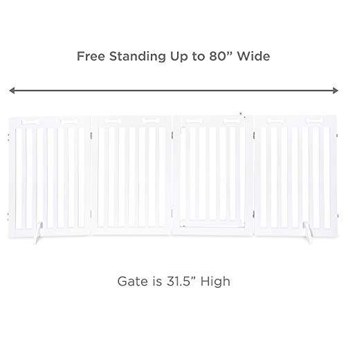 Arf Pets Freestanding Dog Gate with Door, 4 Panel 360° configurable Wooden White Fence, 80" Wide, 31.5" Tall, Foldable, Set of Foot Supporters Included, for The House - Indoor Use - Image 4