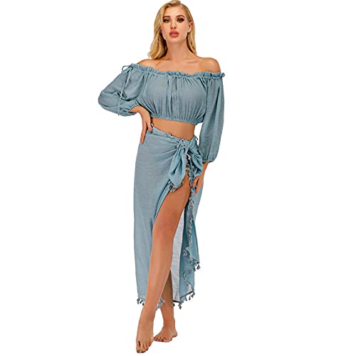 JUGUU Sexy Beach Fringed Split Beach Powel Sunscreen Bikini Blusa Set-Azul_Código Cover