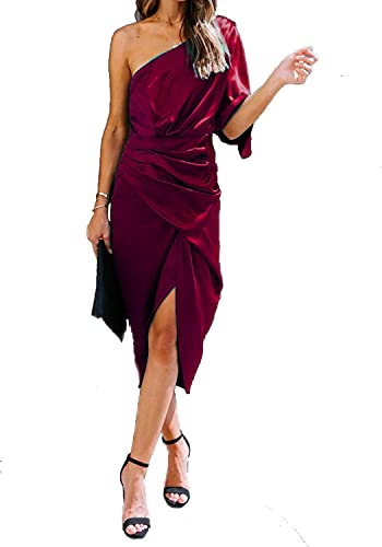 Ladmous Women’s Off Shoulder Bat Sleeve Party Dress Club Ruched Bodycon Mini Dress Dark Red