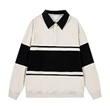 Übergroßes Sweatshirt mit Revers und Knopfleiste, Langarm, Pullover, 2024, lässig, College-Stil, Mode-Top (Beige, XXXL)