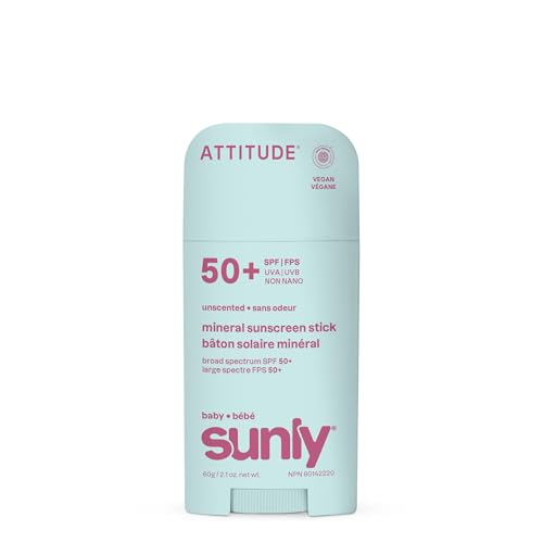 ATTITUDE Baby Mineral Sunscreen Stick SPF 50, Broad Spectrum Zinc Oxide, EWG Verified, Non-Nano, Mess-Free Stick for Face & Body, Lightweight Non-Greasy, Vegan, Unscented, 2 Oz