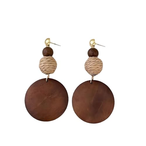 Vintage Brown Wooden Earrings For Women Retro African Bohemian Round Circle Dangle Drop Earrings Long Geometric Lightweight Jewelry (Raffia)