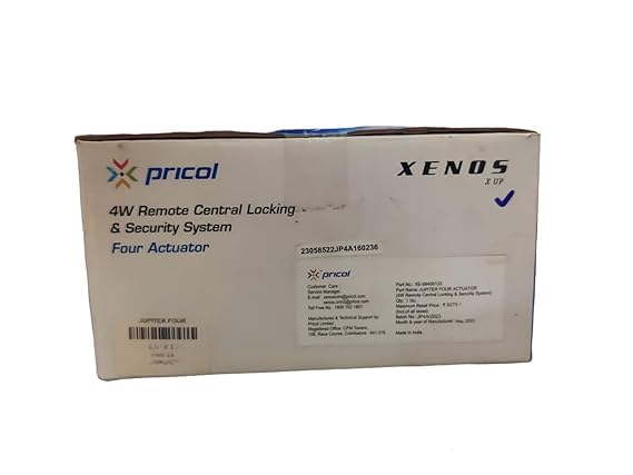 posterior view of the Pricol Xenus 4W Remote Control Locking & Security System packaging, displaying manufacturing and technical support information.