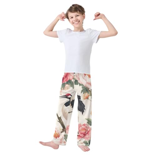 Crane Birds Peonies Boys Long Pants Soft Trousers Elastic Waist Kids Lounge Bottoms with Pockets S-XL2