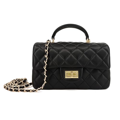 Image of M-ioi-M Small Quilted Crossbody Bag for Women, Genuine Leather Mini Shoulder Flap Purse with Gold Chain Strap & Top Handle