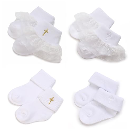 Baptism Socks for Baby Girls White Newborn Baby Girls Christening Socks with Cross & Frilly Lace 4PC