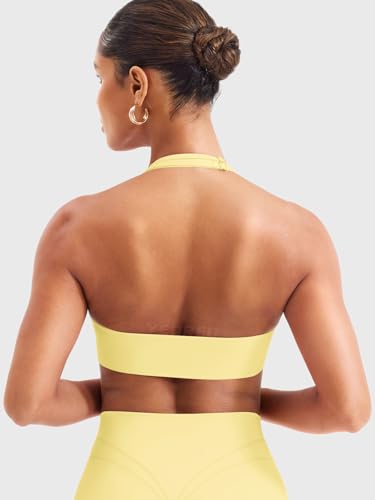 Image of YEOREO Women Halter Sports Bra Light Support V Neck Padded Strappy Open Back Workout Gym Tops