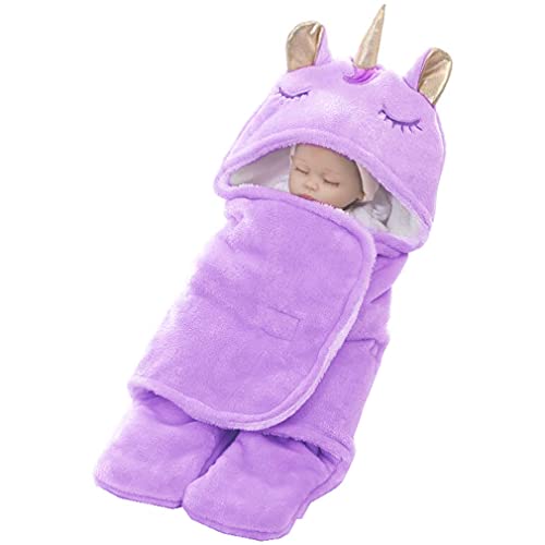 Wetry Saco de Dormir Unicornio Recién Nacido Manta Envolvente Arrullo Bebe ​Invierno Swaddle Wrap Bebe Manta Cálida de Unicornio de Felpa con Capucha para 0-6 Meses, Púrpura (Cuernos Dorados)