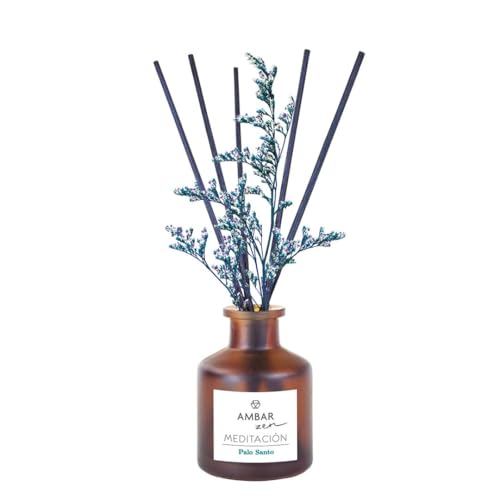 TIENDIFY - Ambientador Mikado Decorativo Ambar Zen | 40 ml con Flor Ornamental | Difusor de Varillas para hogar Oficina y salón Ideal para Espacios Interiores (1 Unidad, Palo Santo)