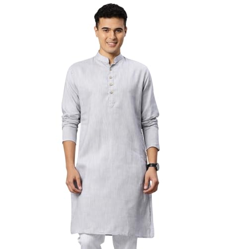 Image of Majestic Man Men's Cotton Regular Fit Traditional Mandarin Collar Ethnic Motifs Solid Long Kurta