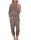 Ekouaer Womens Pajamas Set Long Sleeve Loungewear Soft Lounge Set Joggers with Pockets,Small,Brown