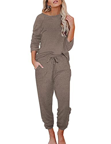 Ekouaer Womens Pajamas Set Long Sleeve Loungewear Soft Lounge Set Joggers with Pockets,Large,Brown,1