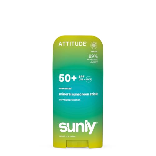 ATTITUDE Mineral Sunscreen Stick SPF 50, Broad Spectrum Zinc Oxide, EWG Verified, Non-Nano, Mess-Free Stick for Face & Body, Lightweight Non-Greasy, Vegan, Unscented, 60 grams