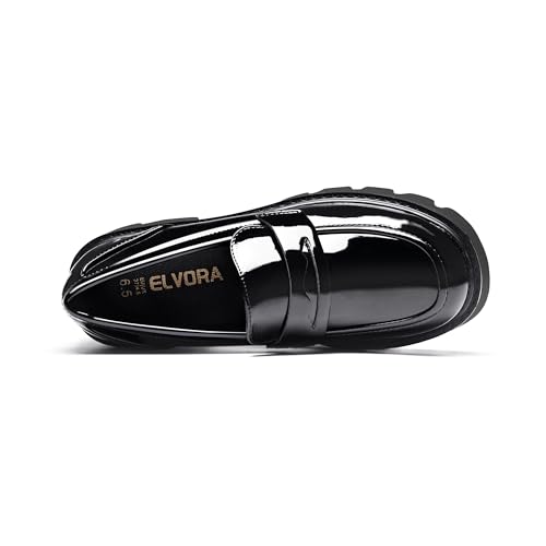 Image of Black Penny Loafers for Women - Women's Slip-On Platform Patent Leather Loafers, Chunky Comfort Shoes for Work & Dressy Occasions