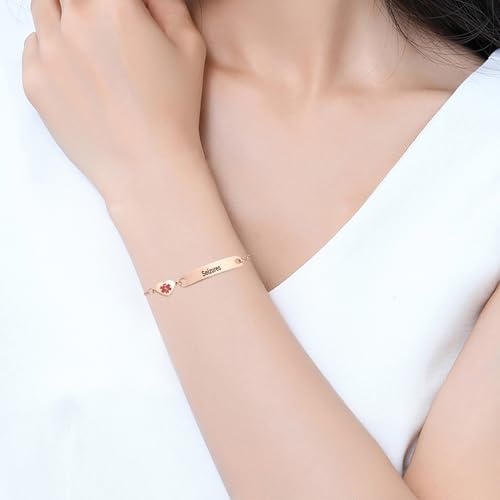 NARTGO Rose Gold Heart Medical Alert ID Bracelet for Women Emergency First Aid Health Alert Stainless Steel Adjustable Chain Bracelets 6