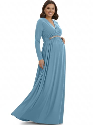 Image of KOH KOH Womens Maternity Long Sleeve V-Neck Flowy Winter Maxi Dress Gown
