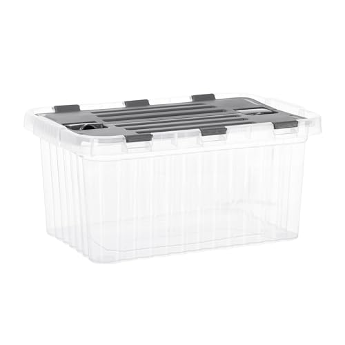 Image of Superio Storage Box with Hinged Lids, Plastic Container Bins for Organizing with Attached Lid, Stackable Crates, BPA Free, Organizers for Home and Dorm, 10.5 Quart (Clear with Grey Lids, 15 inchx10 inchx7 inch)