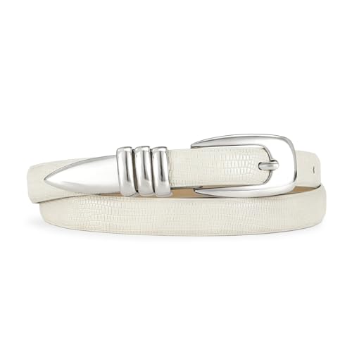 White Thin Belt for Women Trendy Silver Buckle Versatile Skinny Belts for Casual & Formal Wear