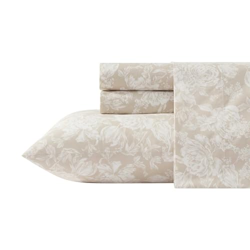 Image of Laura Ashley - Twin Size Sheet Set, Crisp & Lightweight Cotton Percale Bedding with Fitted Sheet and Pillowcase, Floral Room Decor, Deep Pocket, College Dorm Room Essentials (Meredith Brown)