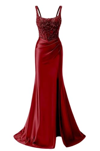 JAEDEN Satin Meerjungfrau Ballkleid Glitzer Abschlusskleid Lang Abiballkleider Abendkleid mit Schlitz Wein Rot 34